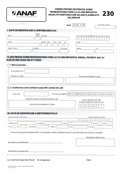 Formular 230 pe anul 2016 - Legea 2% - Asociatia Monumente Oltenia